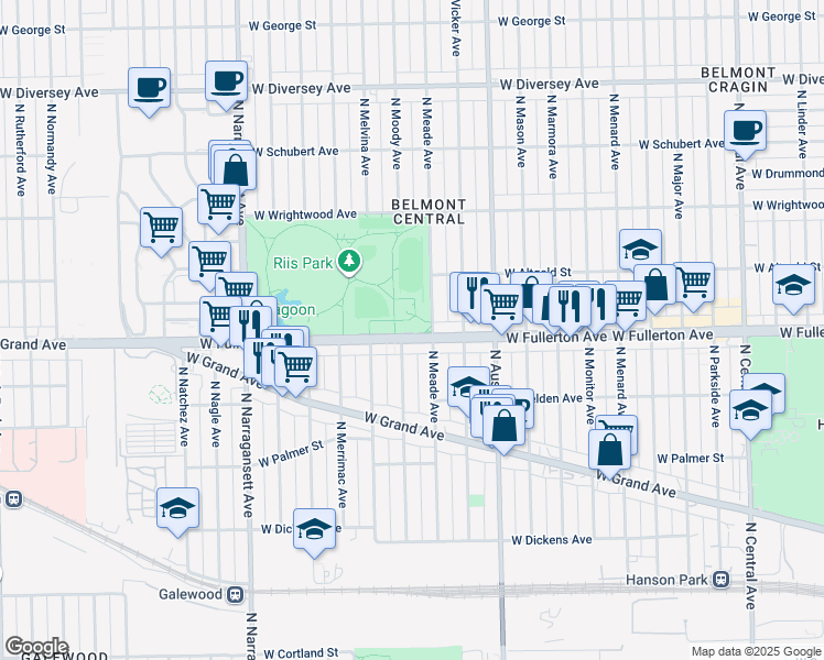 map of restaurants, bars, coffee shops, grocery stores, and more near 6112 West Fullerton Avenue in Chicago