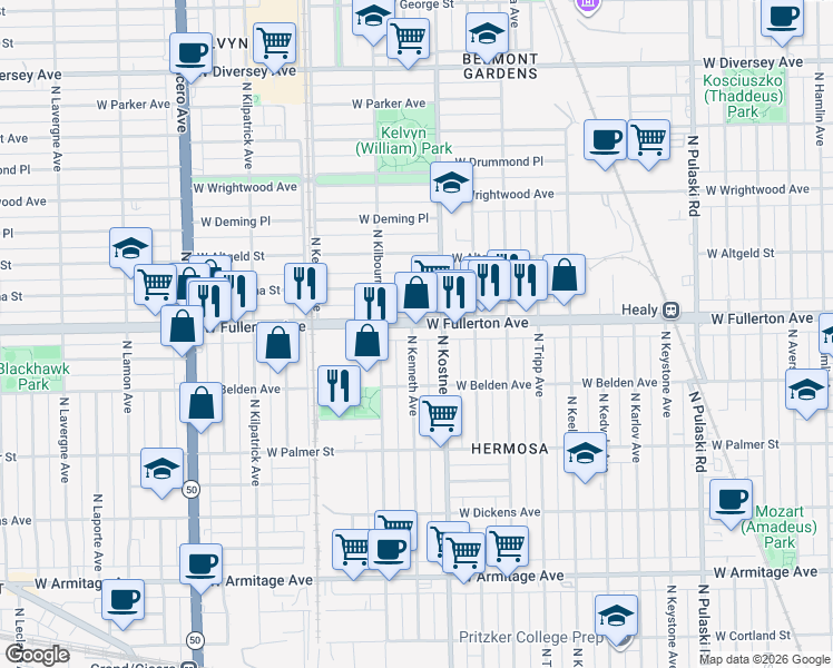 map of restaurants, bars, coffee shops, grocery stores, and more near 2330 North Kenneth Avenue in Chicago
