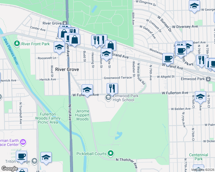 map of restaurants, bars, coffee shops, grocery stores, and more near 2405 North Erie Street in River Grove