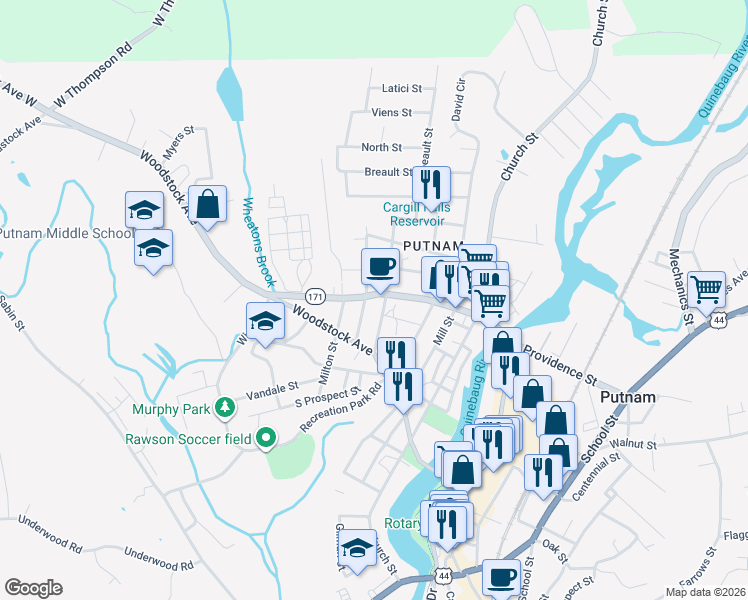 map of restaurants, bars, coffee shops, grocery stores, and more near 26 Marshall Street in Putnam