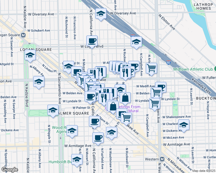 map of restaurants, bars, coffee shops, grocery stores, and more near 2641 West Medill Avenue in Chicago