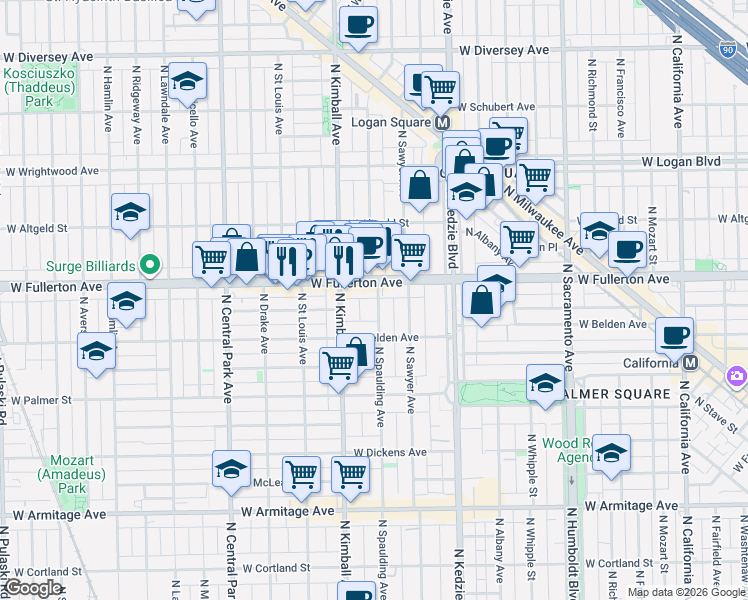 map of restaurants, bars, coffee shops, grocery stores, and more near 2338 North Spaulding Avenue in Chicago