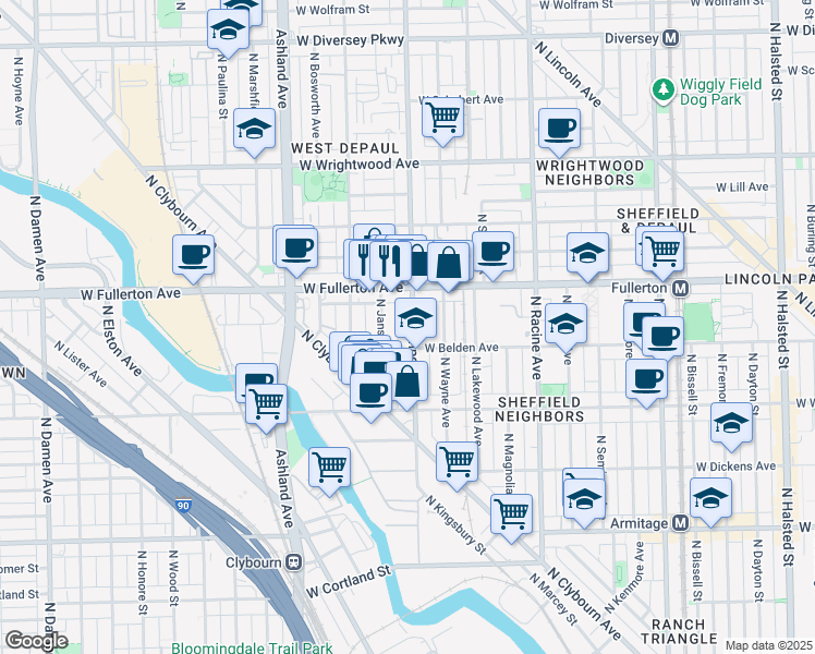 map of restaurants, bars, coffee shops, grocery stores, and more near 2311 North Southport Avenue in Chicago