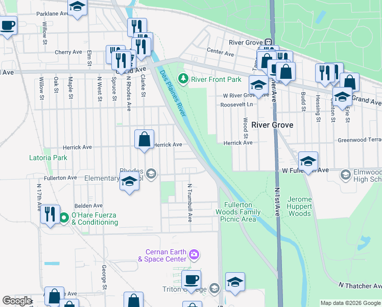 map of restaurants, bars, coffee shops, grocery stores, and more near 8725 Ridge Street in River Grove