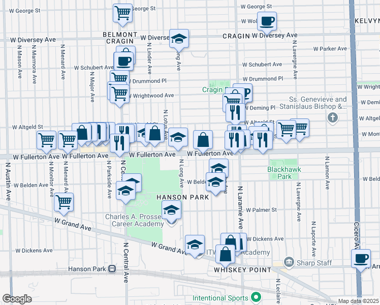 map of restaurants, bars, coffee shops, grocery stores, and more near 5359 West Fullerton Avenue in Chicago