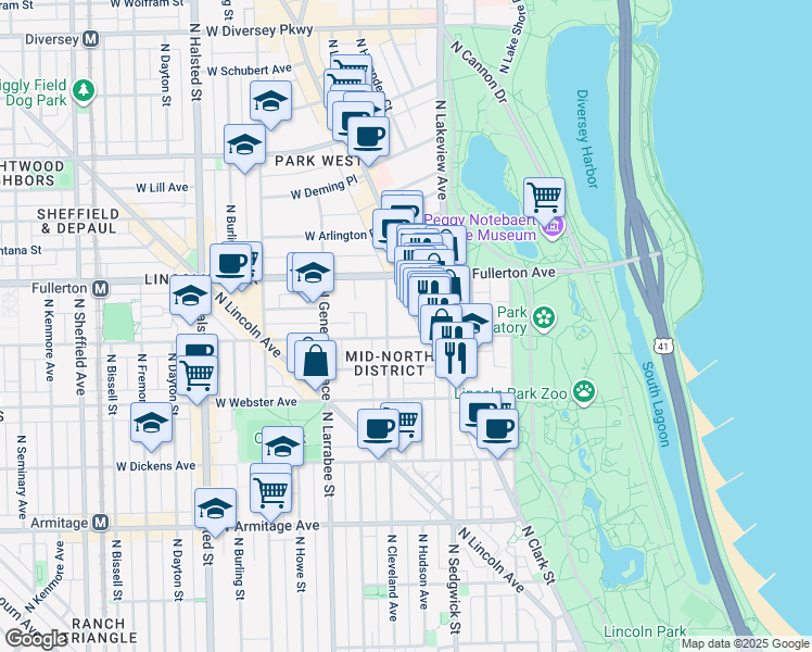 map of restaurants, bars, coffee shops, grocery stores, and more near 431 West Belden Avenue in Chicago