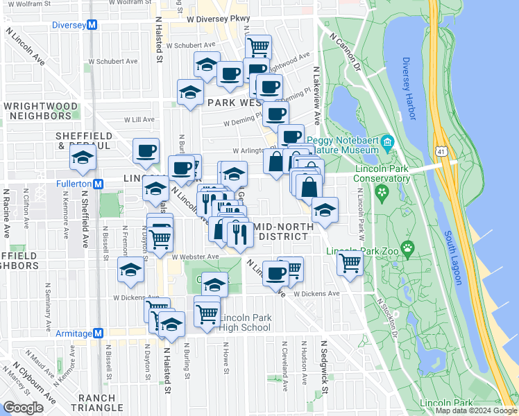map of restaurants, bars, coffee shops, grocery stores, and more near in Chicago