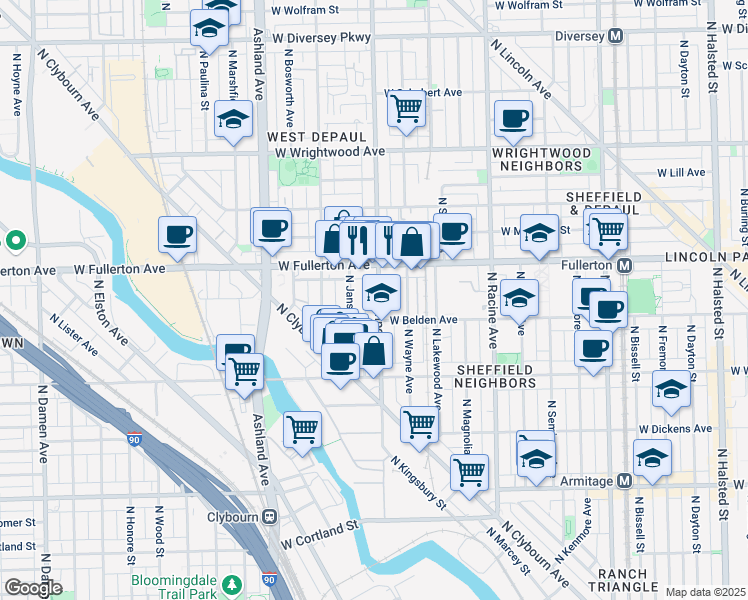 map of restaurants, bars, coffee shops, grocery stores, and more near 2311 North Southport Avenue in Chicago