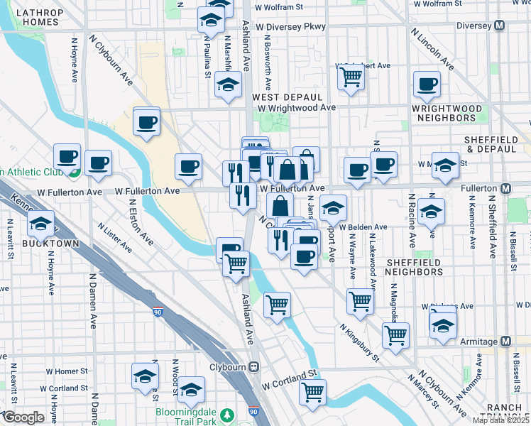 map of restaurants, bars, coffee shops, grocery stores, and more near 2296 North Clybourn Avenue in Chicago
