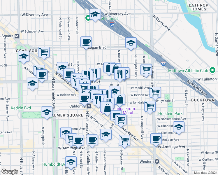 map of restaurants, bars, coffee shops, grocery stores, and more near 2641 West Medill Avenue in Chicago