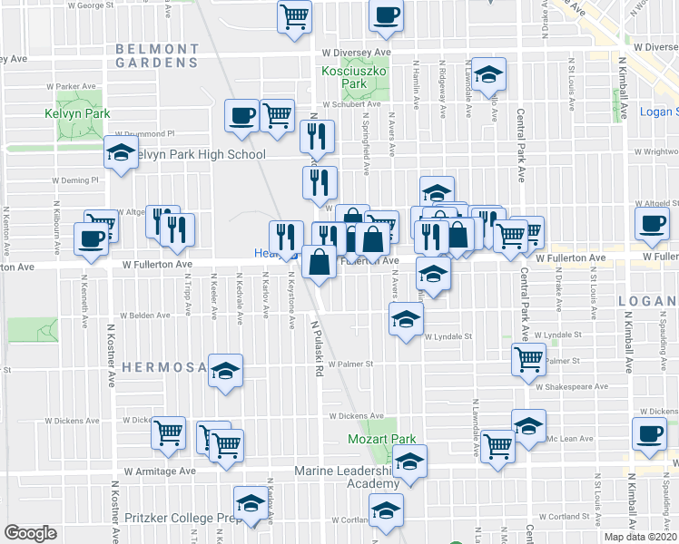 map of restaurants, bars, coffee shops, grocery stores, and more near 2326 North Harding Avenue in Chicago
