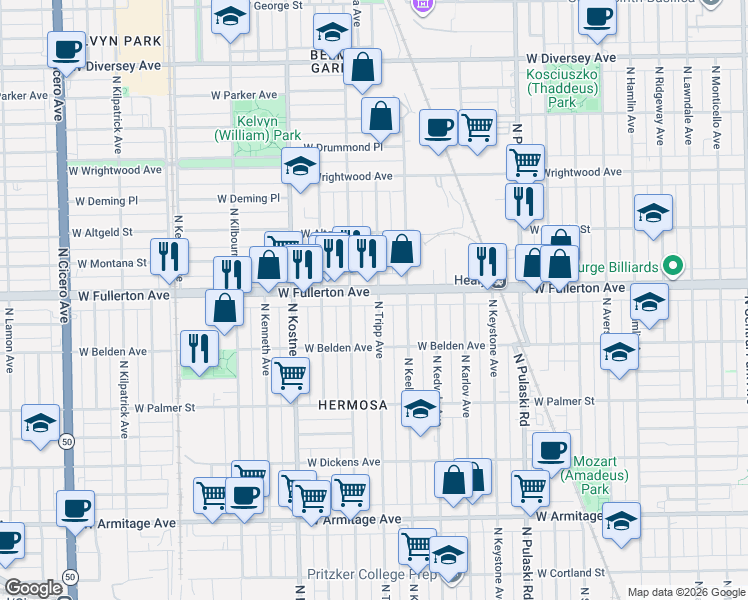 map of restaurants, bars, coffee shops, grocery stores, and more near 2329 North Kildare Avenue in Chicago