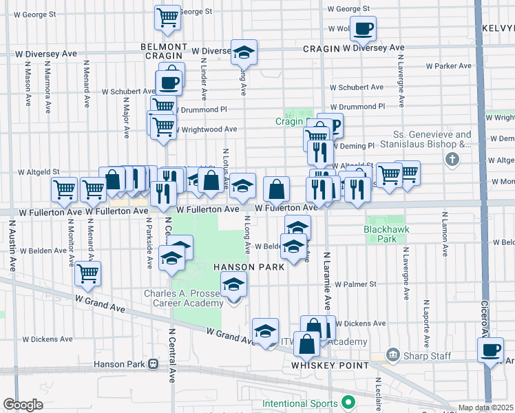 map of restaurants, bars, coffee shops, grocery stores, and more near 2342 North Lorel Avenue in Chicago