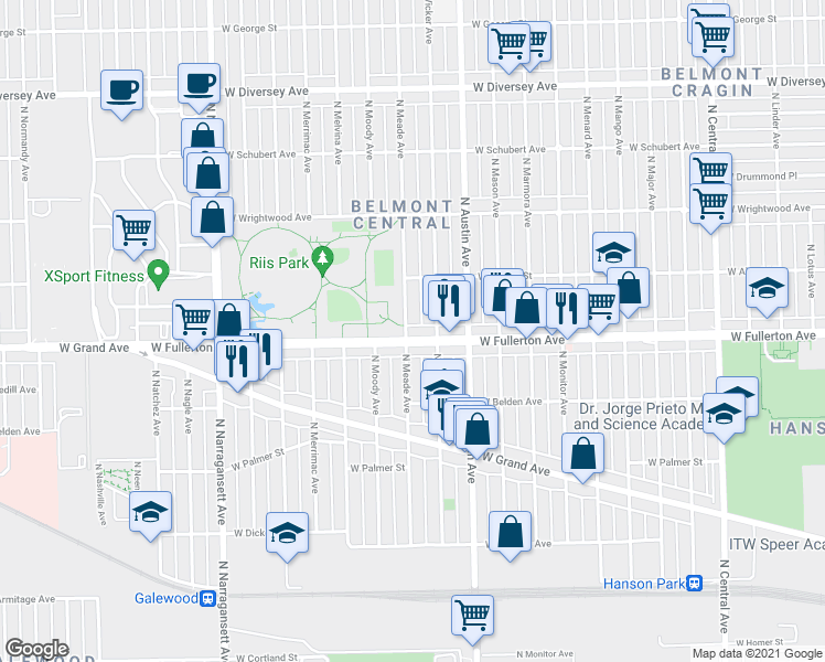 map of restaurants, bars, coffee shops, grocery stores, and more near 6107 West Fullerton Avenue in Chicago