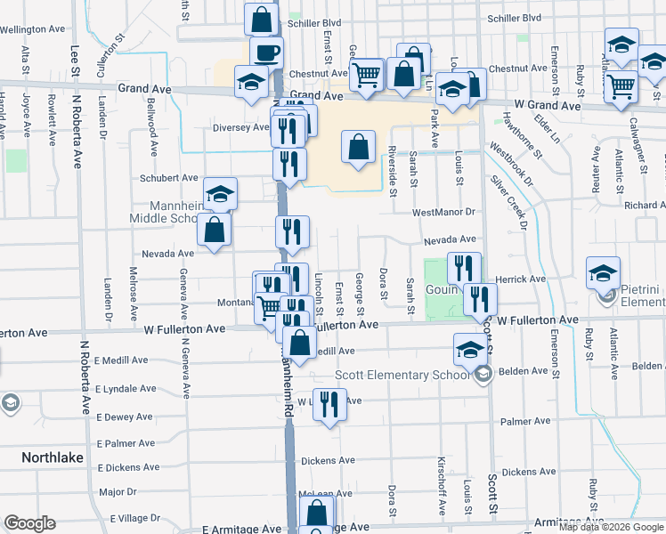 map of restaurants, bars, coffee shops, grocery stores, and more near 2448 Ernst Street in Franklin Park