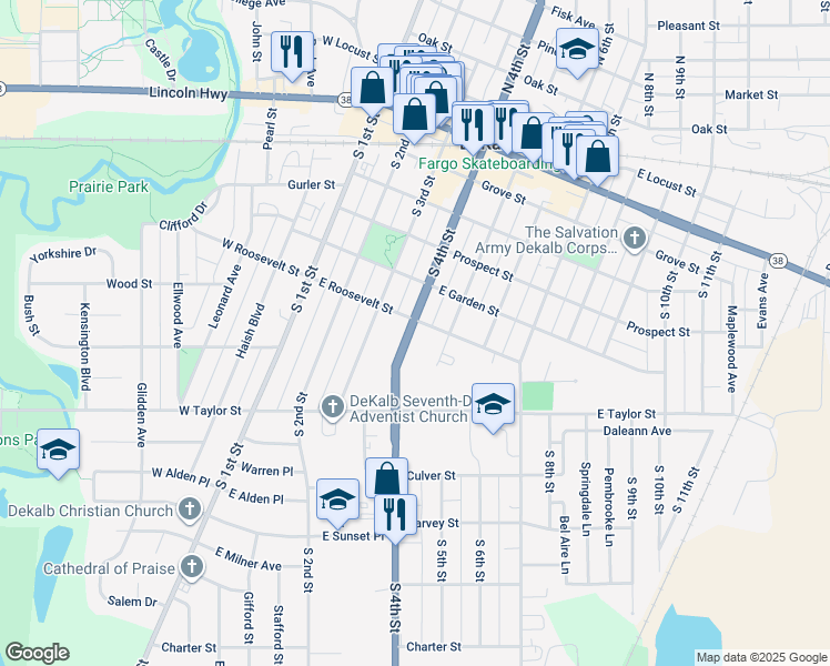 map of restaurants, bars, coffee shops, grocery stores, and more near 623 South 5th Street in DeKalb