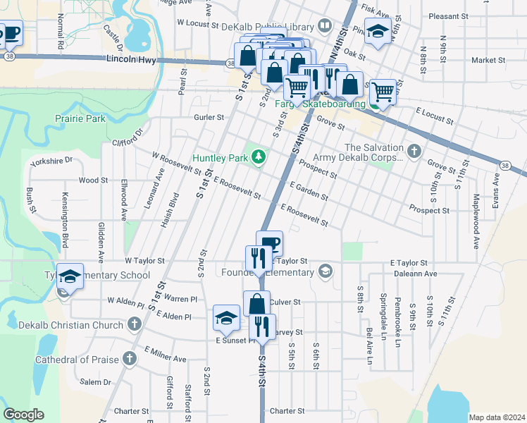 map of restaurants, bars, coffee shops, grocery stores, and more near 639 South 4th Street in DeKalb