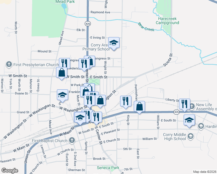 map of restaurants, bars, coffee shops, grocery stores, and more near 319 E Washington St in Corry