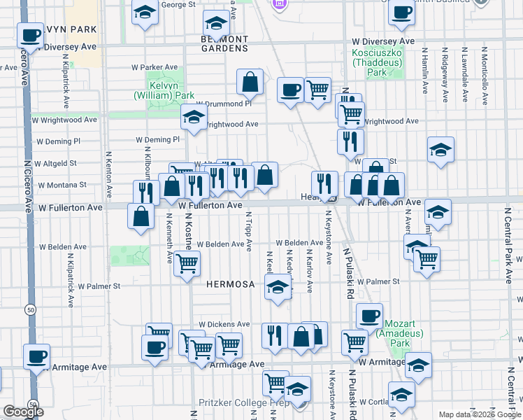 map of restaurants, bars, coffee shops, grocery stores, and more near 4205 West Fullerton Avenue in Chicago