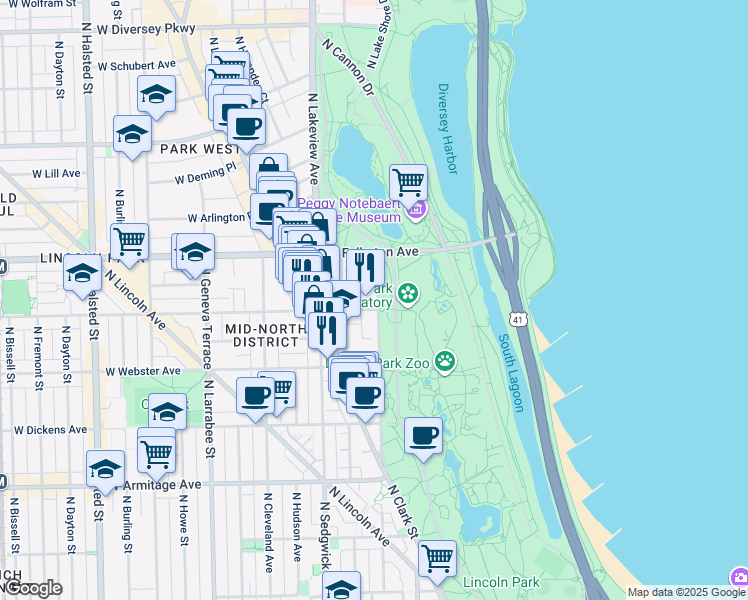 map of restaurants, bars, coffee shops, grocery stores, and more near 2300 North Lincoln Park West in Chicago