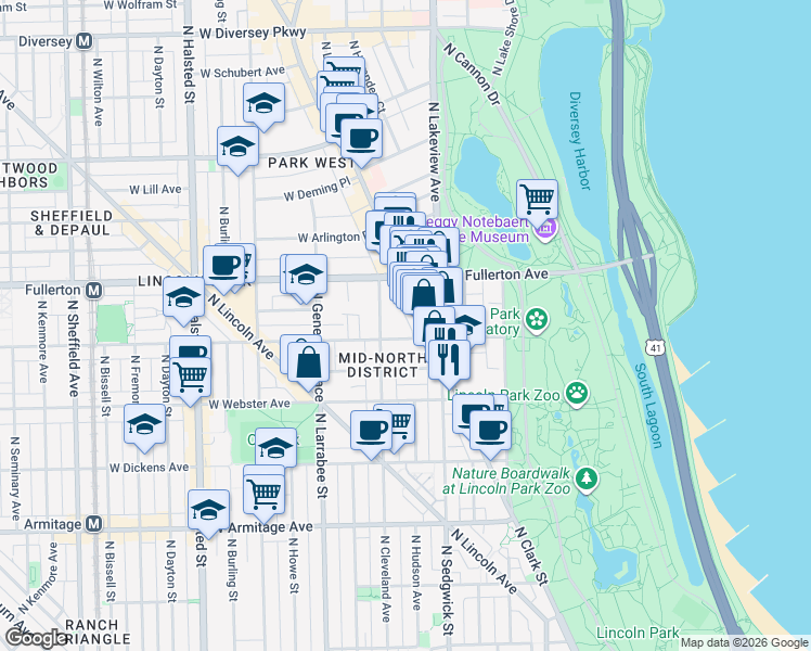 map of restaurants, bars, coffee shops, grocery stores, and more near 437 West Belden Avenue in Chicago