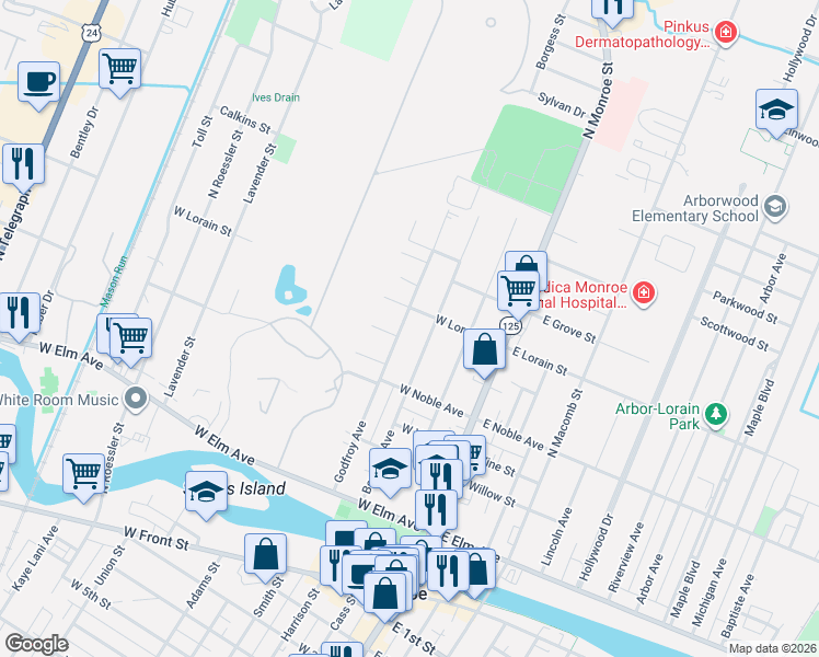 map of restaurants, bars, coffee shops, grocery stores, and more near 439 Borgess Avenue in Monroe