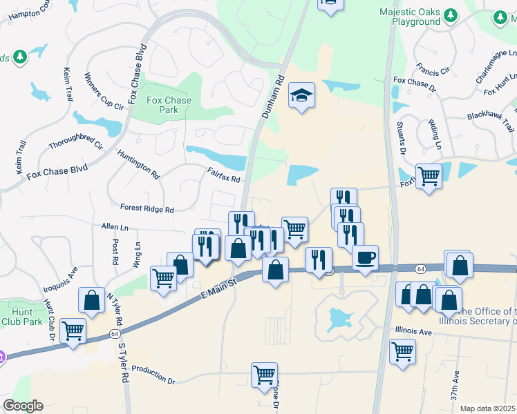 map of restaurants, bars, coffee shops, grocery stores, and more near 600 Dunham Road in St. Charles