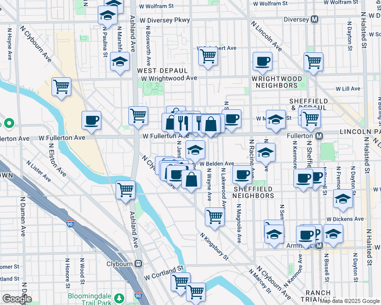 map of restaurants, bars, coffee shops, grocery stores, and more near 2324 North Southport Avenue in Chicago
