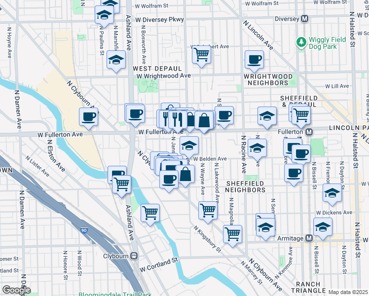 map of restaurants, bars, coffee shops, grocery stores, and more near 2311 North Southport Avenue in Chicago