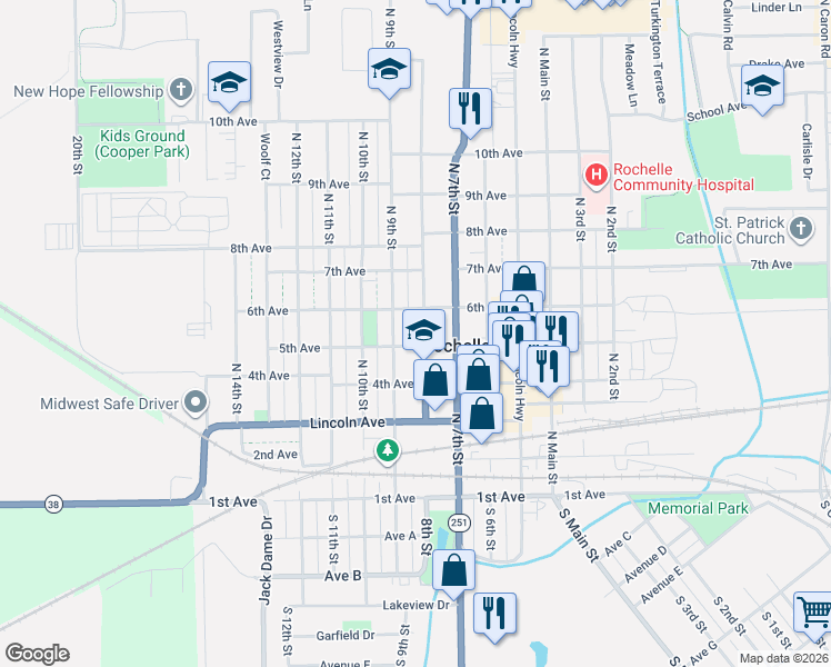 map of restaurants, bars, coffee shops, grocery stores, and more near 444 North 8th Street in Rochelle