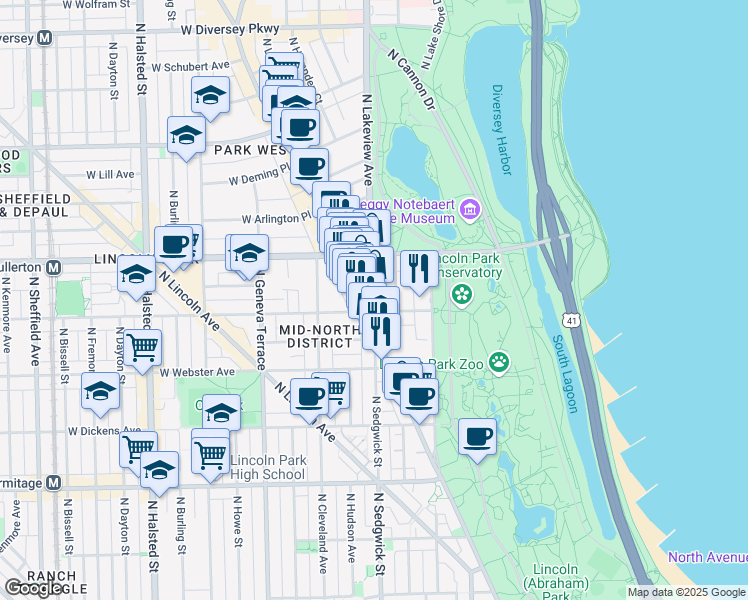 map of restaurants, bars, coffee shops, grocery stores, and more near 401 West Belden Avenue in Chicago