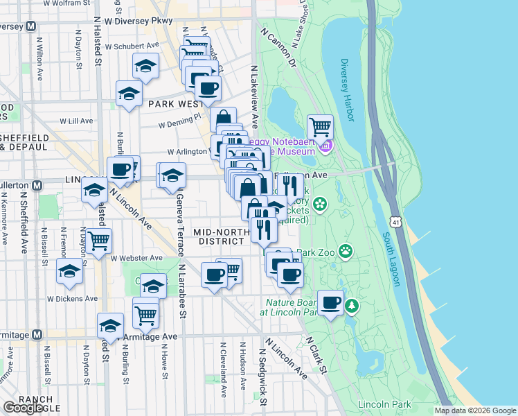 map of restaurants, bars, coffee shops, grocery stores, and more near 401 West Belden Avenue in Chicago