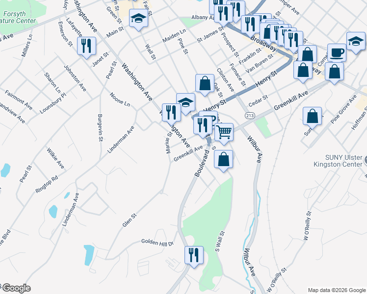 map of restaurants, bars, coffee shops, grocery stores, and more near 300 Greenkill Avenue in Kingston