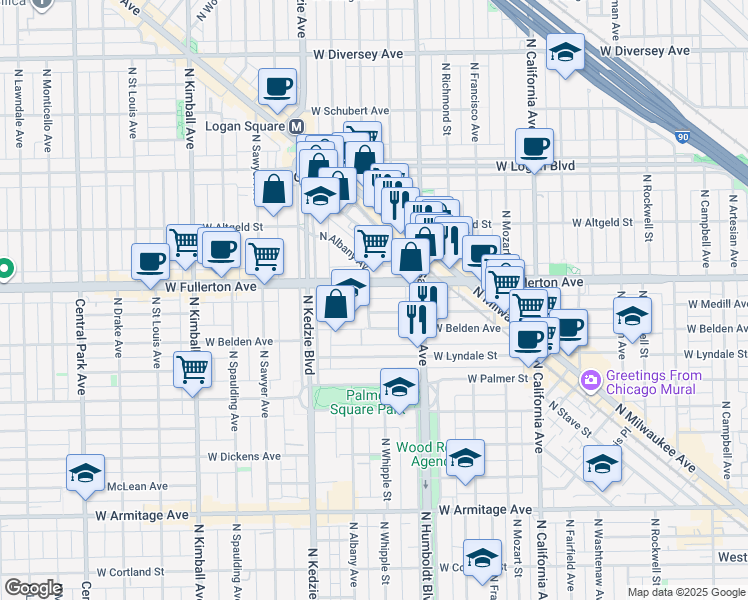 map of restaurants, bars, coffee shops, grocery stores, and more near 2329 North Albany Avenue in Chicago