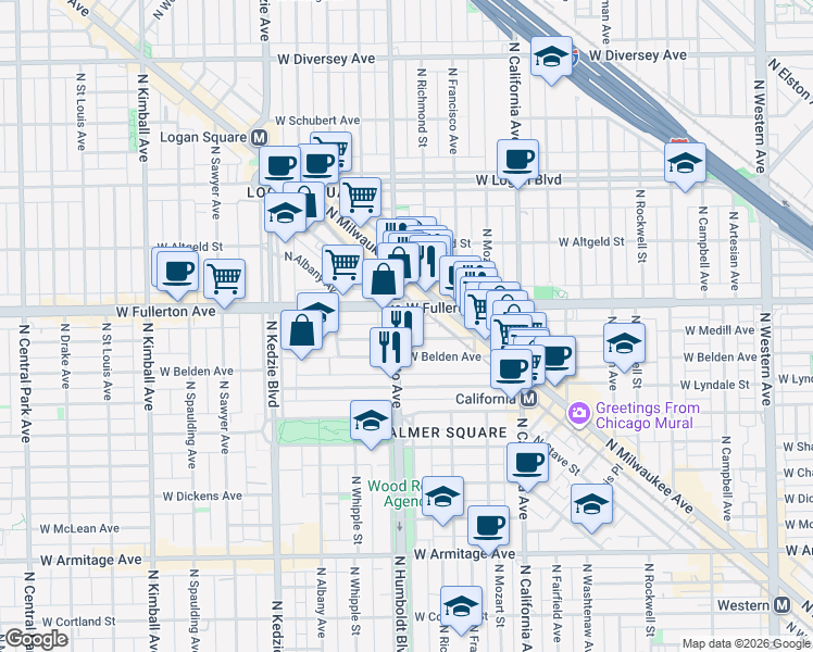 map of restaurants, bars, coffee shops, grocery stores, and more near 2955 West Belden Avenue in Chicago