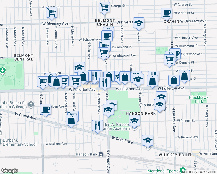 map of restaurants, bars, coffee shops, grocery stores, and more near 5501 West Fullerton Avenue in Chicago