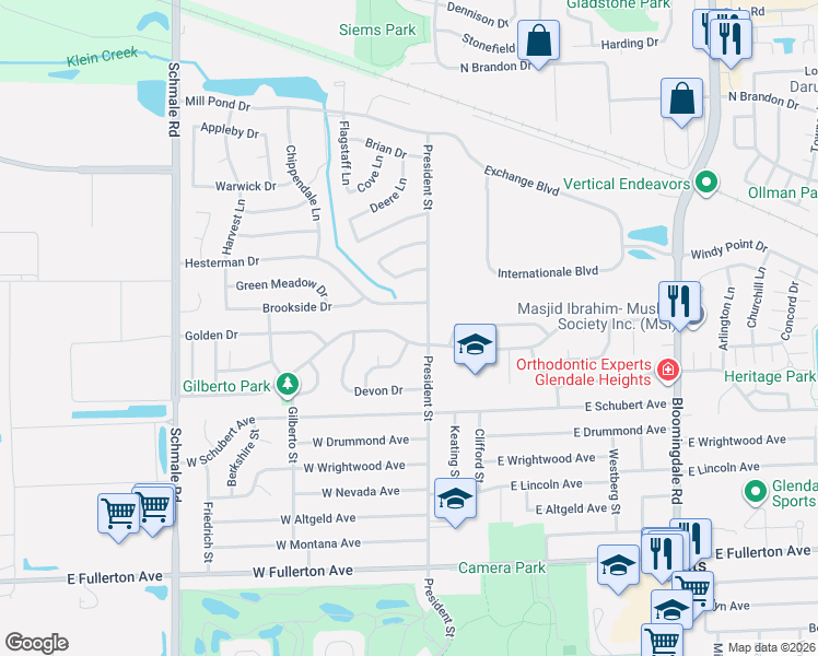 map of restaurants, bars, coffee shops, grocery stores, and more near 11 West Stevenson Drive in Glendale Heights