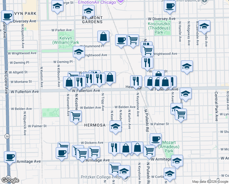 map of restaurants, bars, coffee shops, grocery stores, and more near 2330 North Kedvale Avenue in Chicago