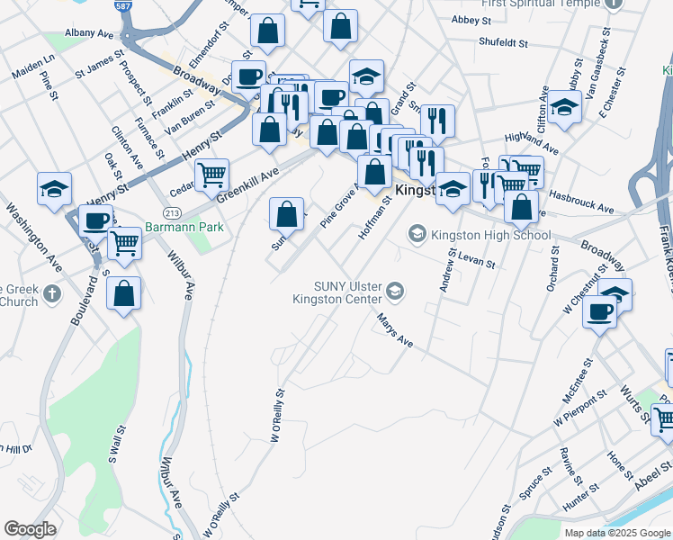map of restaurants, bars, coffee shops, grocery stores, and more near 123 West O'Reilly Street in Kingston