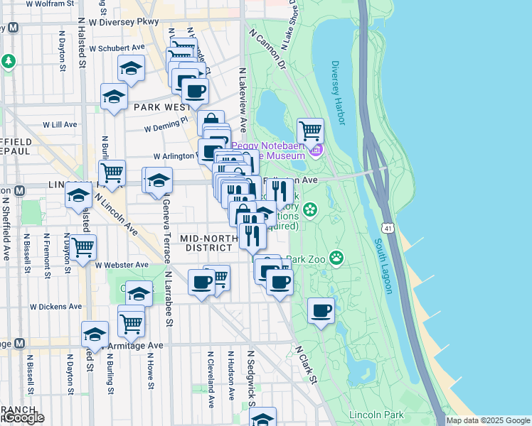 map of restaurants, bars, coffee shops, grocery stores, and more near 321 West Belden Avenue in Chicago