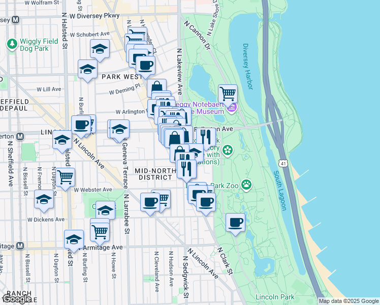 map of restaurants, bars, coffee shops, grocery stores, and more near 401 West Belden Avenue in Chicago