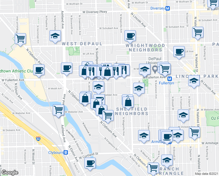 map of restaurants, bars, coffee shops, grocery stores, and more near 1328 West Belden Avenue in Chicago