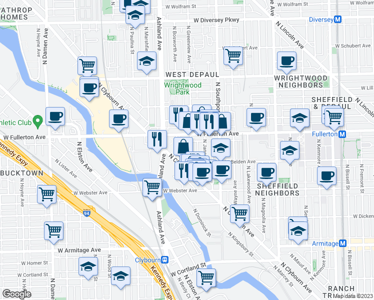 map of restaurants, bars, coffee shops, grocery stores, and more near 2300 North Greenview Avenue in Chicago