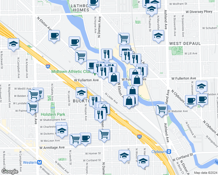 map of restaurants, bars, coffee shops, grocery stores, and more near 2333 North Lister Avenue in Chicago