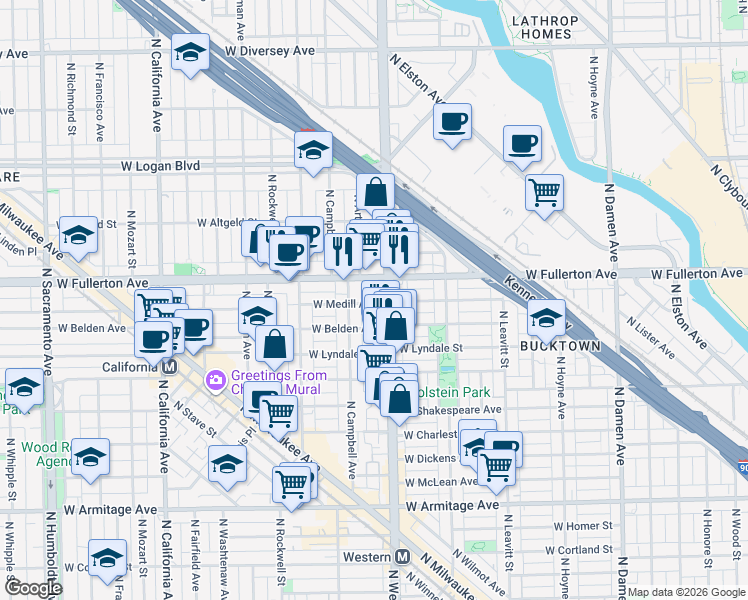 map of restaurants, bars, coffee shops, grocery stores, and more near 2420 West Belden Avenue in Chicago