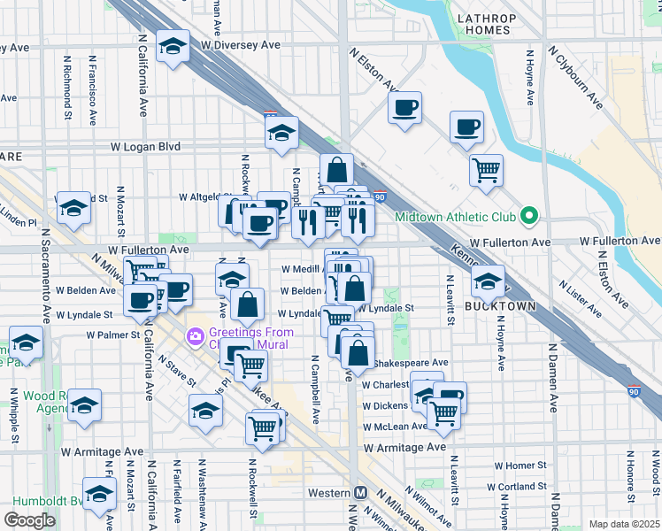 map of restaurants, bars, coffee shops, grocery stores, and more near 2420 West Belden Avenue in Chicago