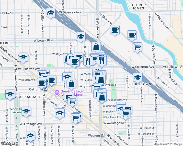map of restaurants, bars, coffee shops, grocery stores, and more near 2420 West Belden Avenue in Chicago