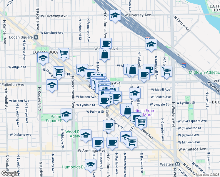 map of restaurants, bars, coffee shops, grocery stores, and more near 2318 North California Avenue in Chicago