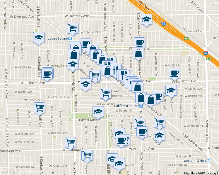 map of restaurants, bars, coffee shops, grocery stores, and more near 2952 West Belden Avenue in Chicago