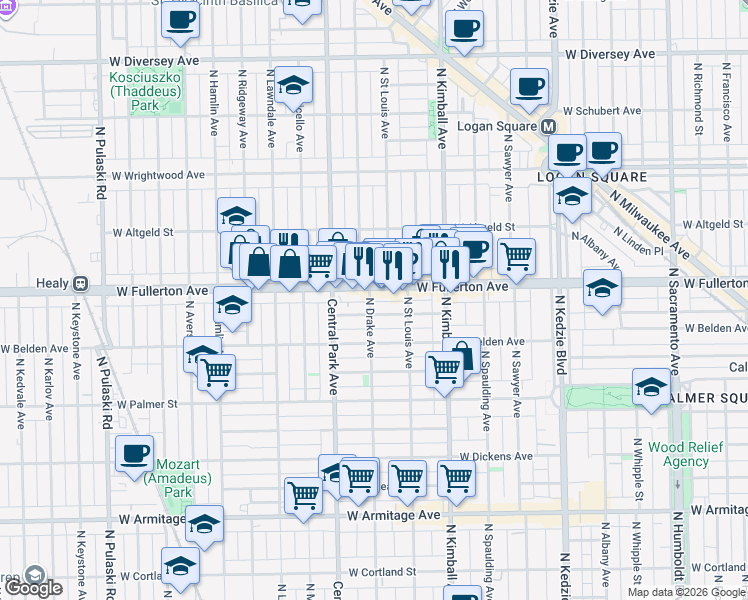 map of restaurants, bars, coffee shops, grocery stores, and more near 2322 North Drake Avenue in Chicago